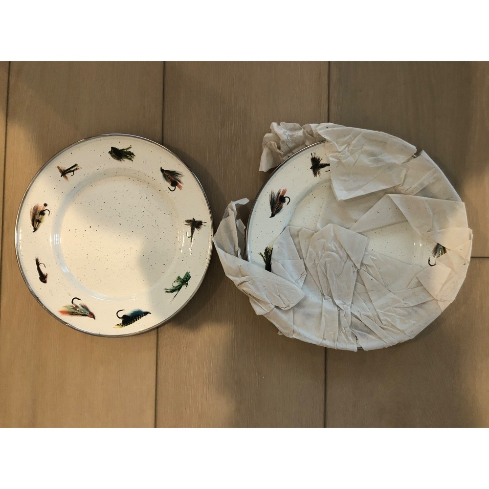 New 2 Golden Rabbit Enamelware Fly Fishing Sandwich Plates